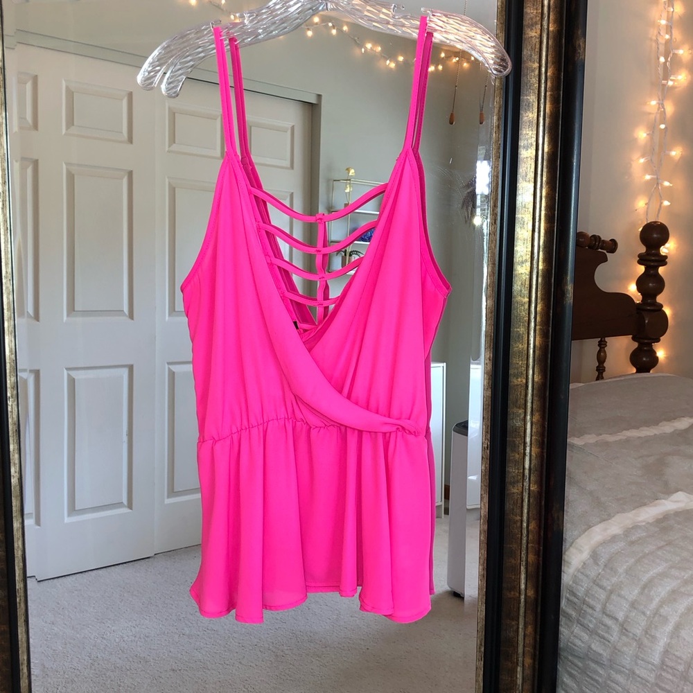Hot Pink Flowy Tank Top - V Neck | Cutouts | Flare | Peplum